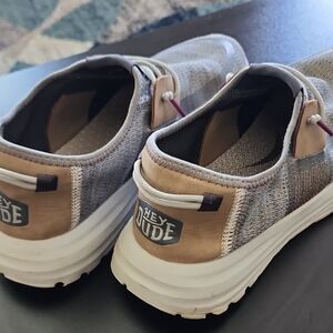 Hey Dude Mens Grey and Tan Slip-On Canvas Sneakers